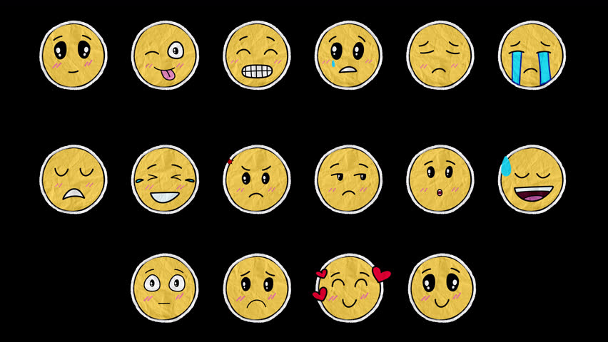 Hand Drawn Paper Texture Emojis 2D | Animated Cartoon Expression Emoticons | Transparent Background Alpha Overlay