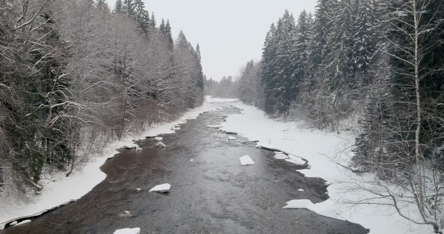 Aerial view of serene winter river scene in cloudy weather at Pitkäkoski rapids, Helsinki and Vantaa, Finland, Europe.