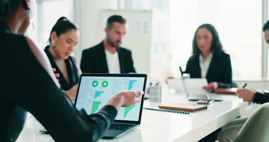 Finance, meeting and business people with laptop, analysis and discussion for graphs in office. Documents, teamwork and conversation with manager, growth strategy or project report for accounting
