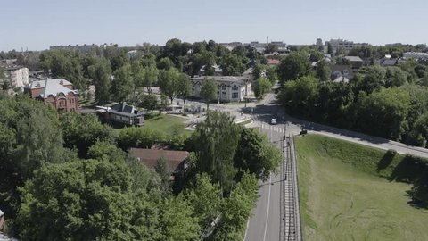Drone Moving Forward Down above City Square