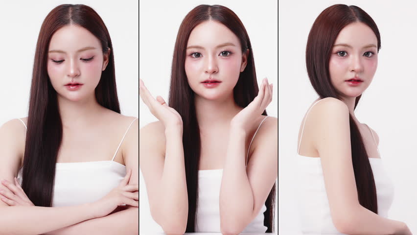 Collage vertical footage of young beautiful Asian woman on white background. Perfect facial and skin for commercial skin care advertising concept.	