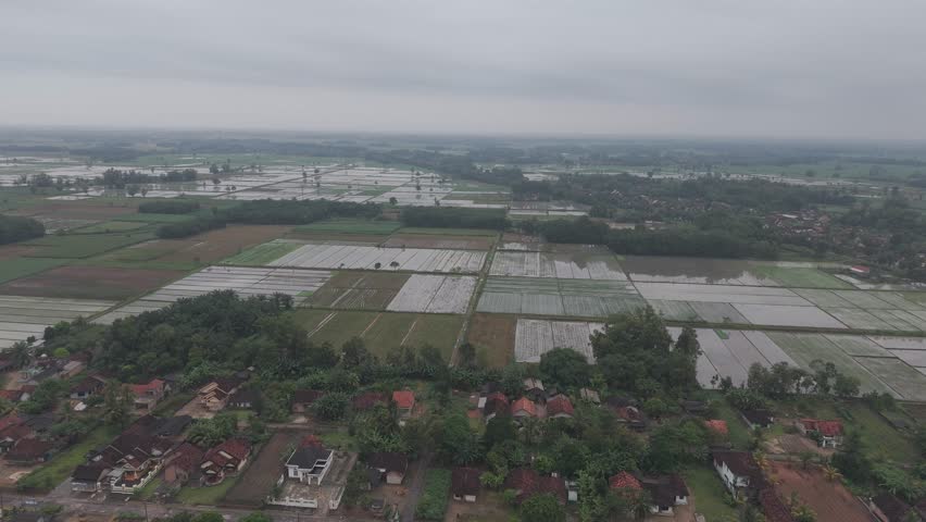 Aerial view of a rural landscape with fields and trees