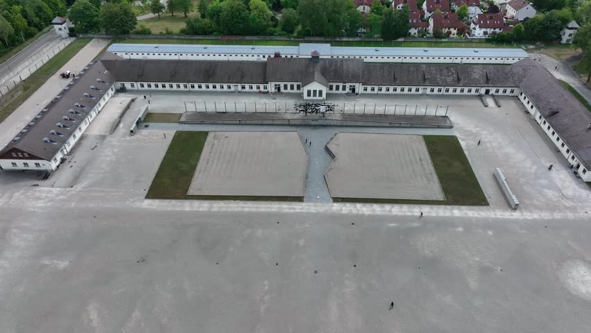 Drone view Dachau. Concentration camp memorial site. Dachau Nazi concentration camp. World war two. Death concentration center camp. Historical site and museum. Munich, Bavaria. Germany.