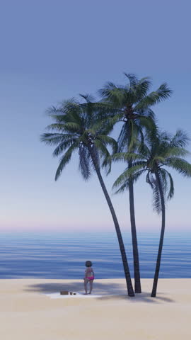 Vertical video showing a woman standing on a sandy beach near palm trees. Perfect for travel, relaxation, summer, vacation, and tropical lifestyle projects.