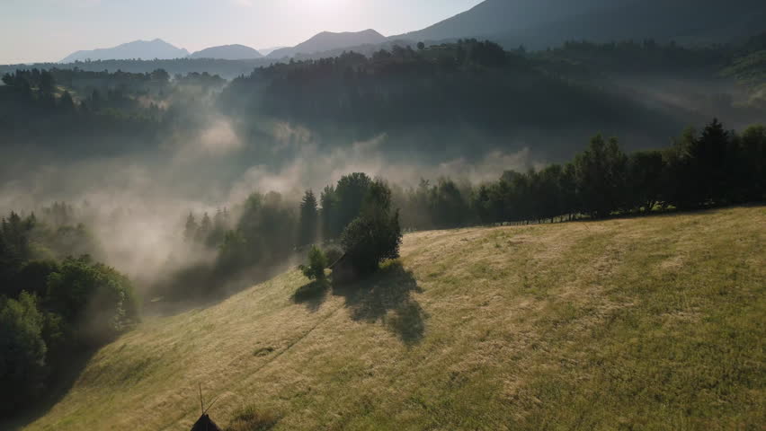 Peaceful mist rising in a rural valley with sunbeams through trees on the ridge, ethereal golden hour scene in the Bran hills, Carpathians, static aerial shot