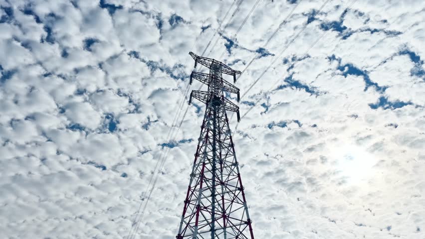 aerial view electric substation, pylon power line high voltage, electrical transmission field,