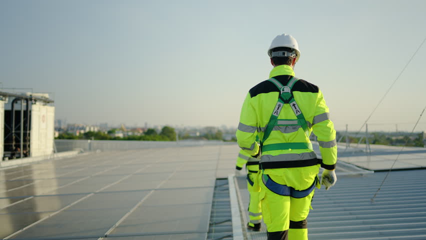 Two engineers in safety gear and harnesses inspect solar panels on a commercial rooftop during sunset. Professional maintenance of renewable energy systems for sustainable industrial power solutions.