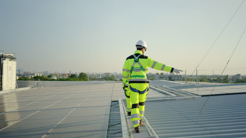 Two engineers in safety gear and harnesses inspect solar panels on a commercial rooftop during sunset. Professional maintenance of renewable energy systems for sustainable industrial power solutions.