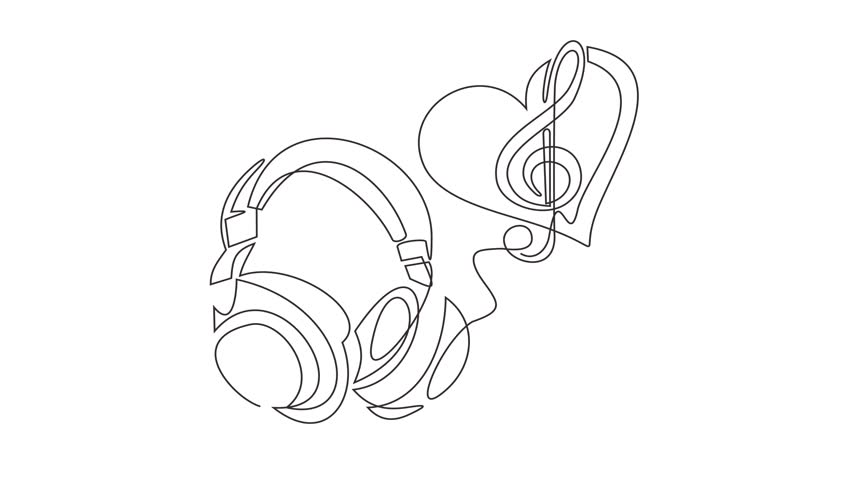 Animated self drawing of continuous line draw of Love Music and headphones with heart  Full length one line animation. 4K	