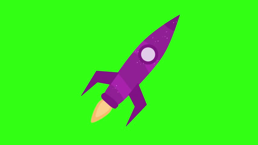 Purple rocket spins animation on green screen