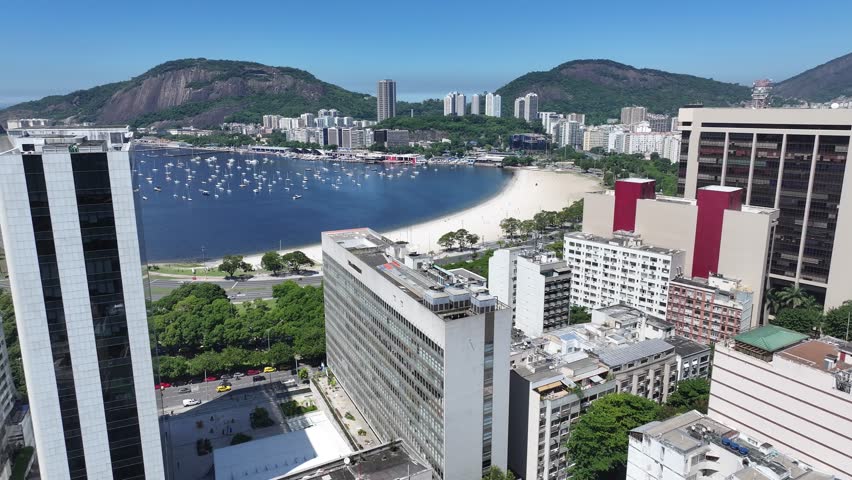 Botafogo Beach In Rio De Janeiro In Brazil. Christ The Redeemer Scenery. Downtown City. Guanabara Bay Skyline. Botafogo Beach In Rio De Janeiro In Brazil. Tourism Landmark.