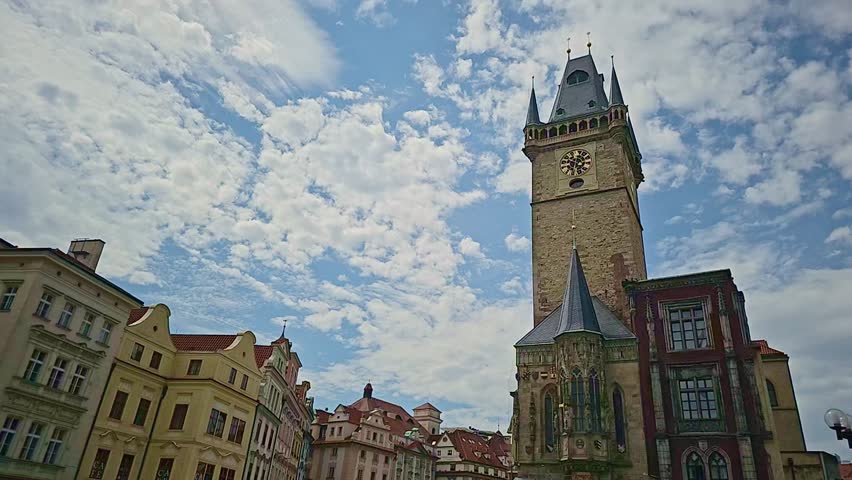 Impressive architecture of Staromestska square in Prague on a sunny day