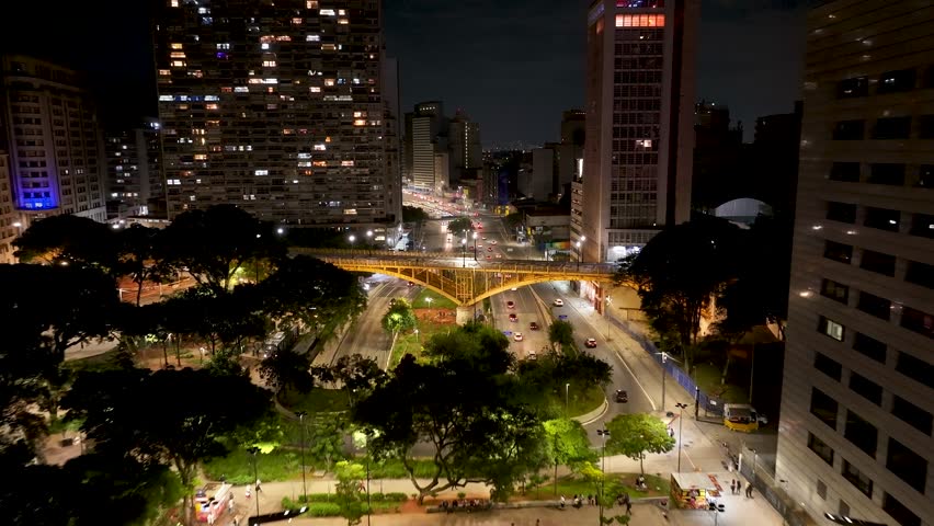 Sao Paulo Skyline At Night In Sao Paulo In Brazil. Highrise Buildings Landscape. Downtown Cityscape. Night City. Sao Paulo Skyline At Night In Sao Paulo In Brazil. Business Travel.