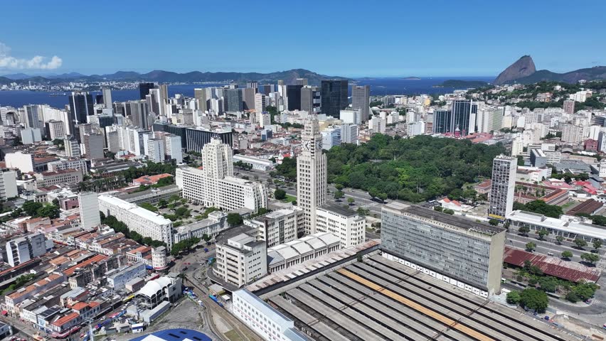 Brazil Central Station In Rio De Janeiro In Brazil. Train Station Landscape. Downtown District. Beautiful Cityscape. Brazil Central Station In Rio De Janeiro In Brazil. Panoramic Skyline.
