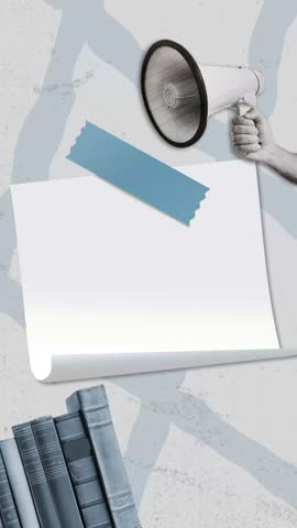 Trendy Halftone Collage Hand holds Phone with Megaphone. Find information. Online hiring job. SEO marketing and promotion. Contemporary vector illustration art