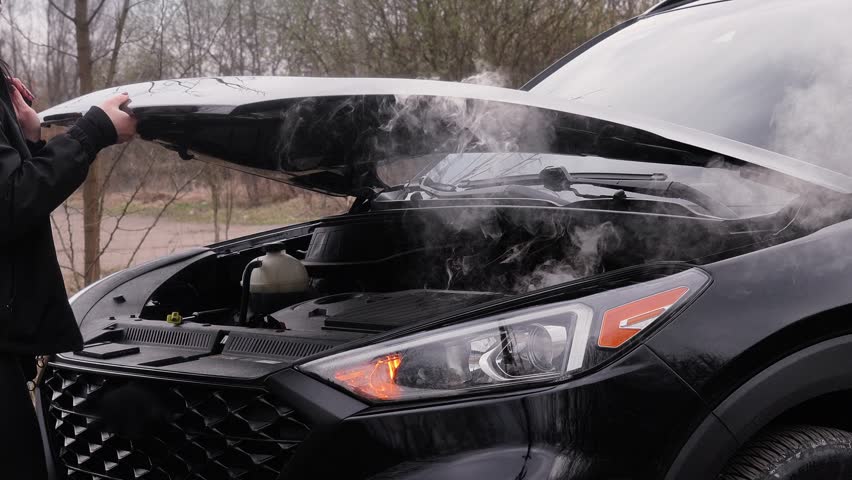 woman driver opens the hood of a broken car and looks in. smoke from under the hood, smoke from the engine, smoke from the battery, emergency stop, repair, problem, headlight, black modern car