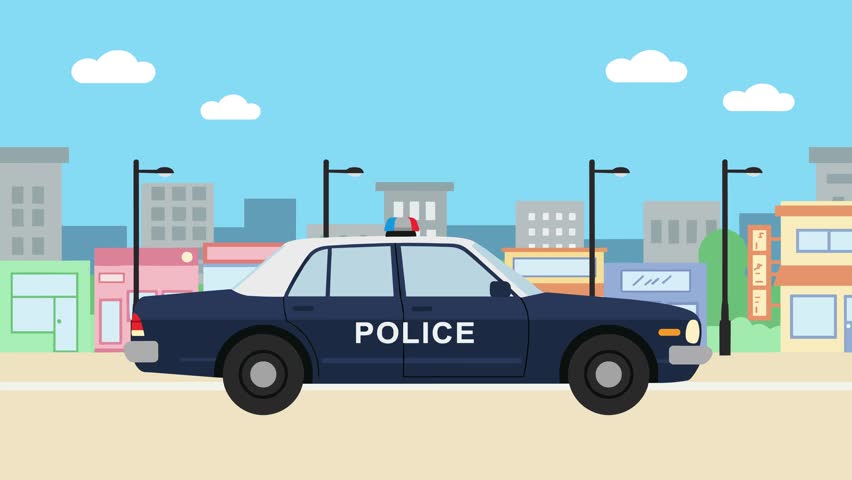 A stylized blue and white police cruiser with "POLICE" text driving through an urban landscape with buildings and a cloudy sky. This flat 2D illustration represents law enforcement, public safety, and city life.