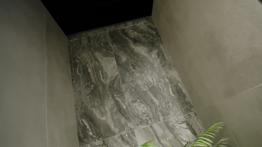 Green fern plants near marble panel in hall of minimalist office center. Tropical houseplants adds brightness to corporate facility design