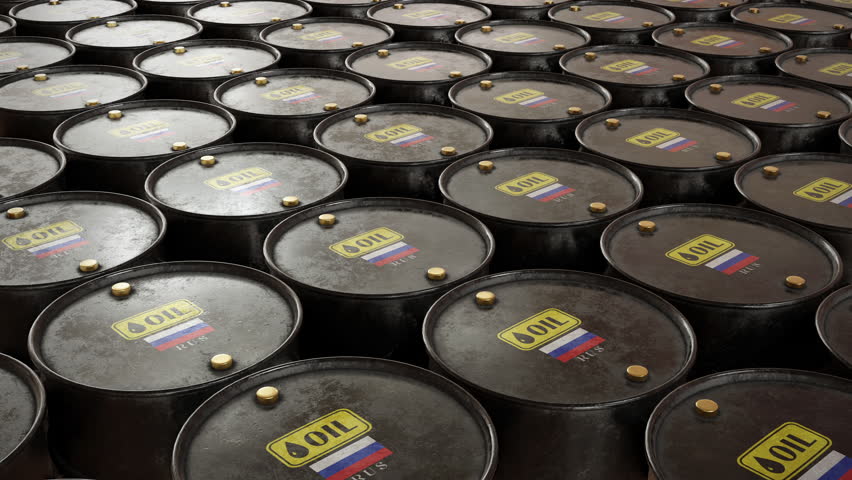 Oil Barrels with Russia Flag – Petroleum Production and Energy Export Power Concept