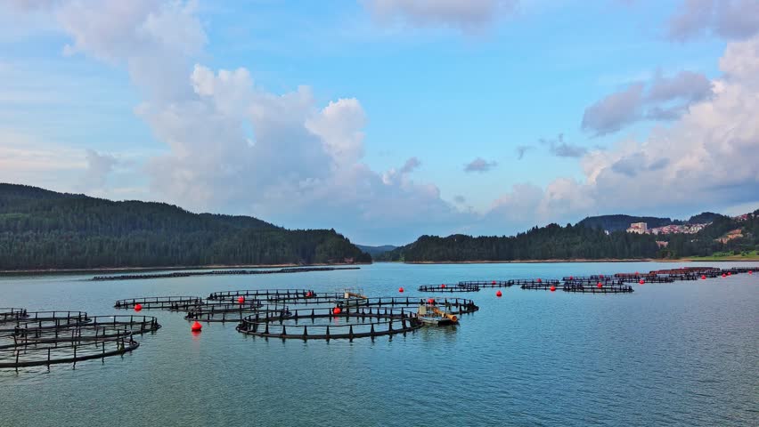 Fishing cages for breeding fish in lake in mountain valley of Rhodope Mountains under cloudy sky
