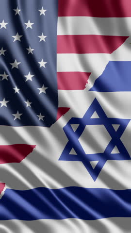 Seamless loop video footage showing the American flag texture artistically merging and overlapping with the Israeli flag texture, both waving gently. This abstract representation symbolizes strong bilateral relations, alliance, or political partnership between the two nations flowing together in motion. Ideal for news segments or geopolitical motion graphics backgrounds.