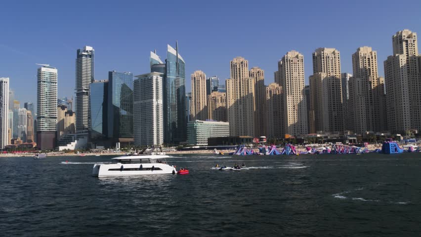 Dubai Marina skyline from Persian Gulf waters in Dubai, United Arab Emirates