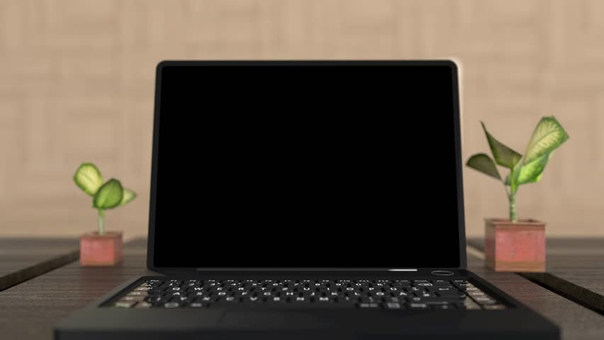 A black laptop sits on a dark wooden table with small potted plants on either side, its blank screen and keyboard visible.
