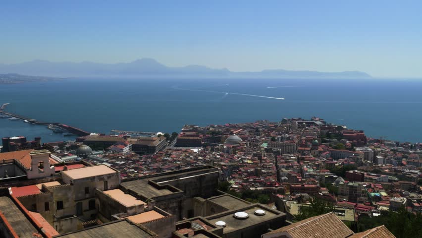 High-angle view of Naples cityscape and Gulf of Naples in Naples, Italy