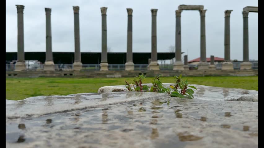 Izmir, Turkey, March 28 2026: A rainy day at the ancient Agora in Izmir, Türkiye. Tourists walk among historic columns and arches, exploring Roman aqueducts and ancient ruins. The wet stone surfaces reflect the timeless atmosphere, showcasing the region