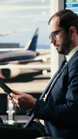 Vertical Video Entrepreneur in corporate attire at the airport waiting area near the gate, holding boarding pass and passport and checking flight information on screen. International business travel