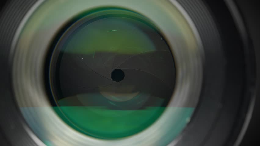 Large portrait lens with an aperture and diaphragm blades. Close-up macro shot video