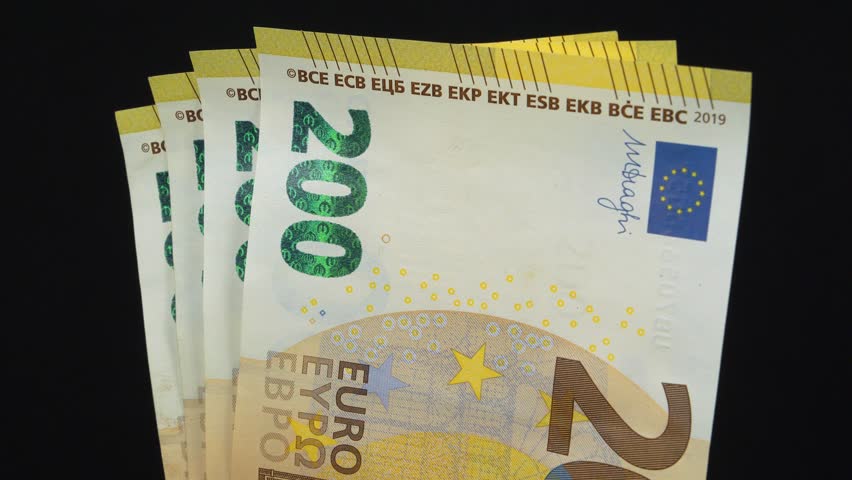European Money. Two hundred Euro banknotes. Euro banknotes, EUR. Cash, finance, savings, wealth. 800 Euros in four 200 euro banknotes