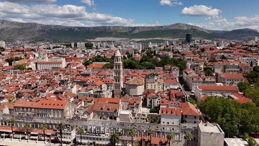 Aerial view of Split old town with red-tiled rooftops and Diocletian