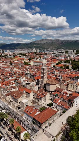 Vertical aerial view of Split old town with red rooftops and Diocletian