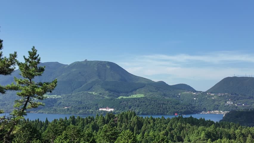 Panoramic summer view of Lake Ashi and Mount Hakone under blue sky Japan 4K