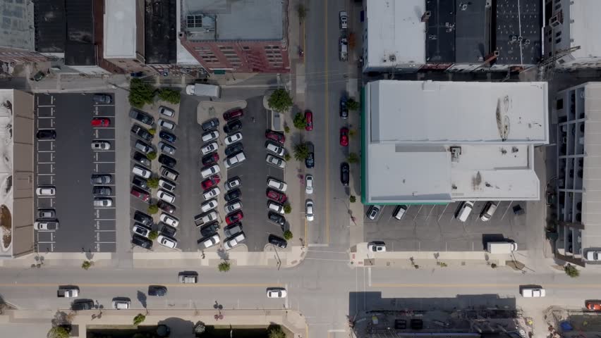 Downtown Kokomo, Indiana with drone video moving overhead.