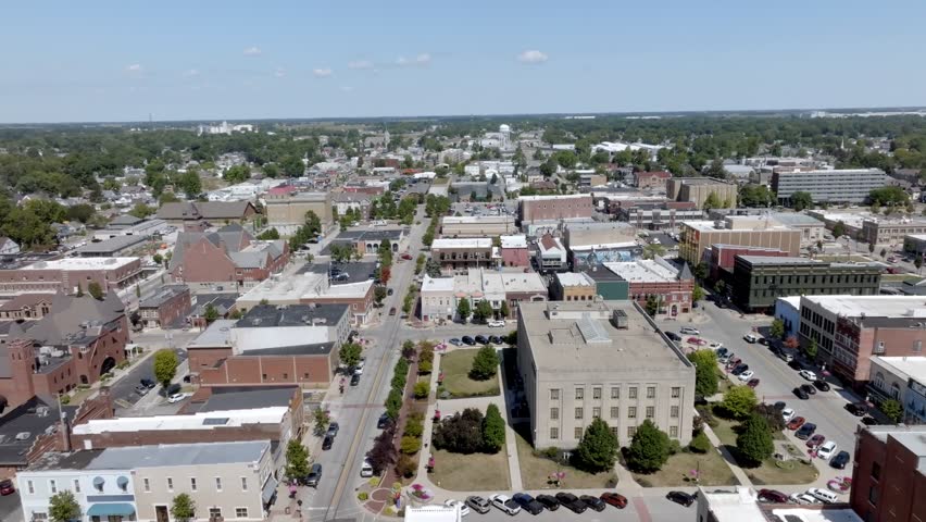 Downtown Kokomo, Indiana with drone video moving left to right.