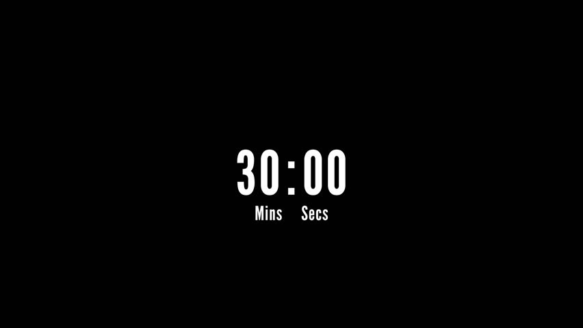 Digital Countdown Timer from 30 Minutes on Black Background 30-Minute Decrement Animation