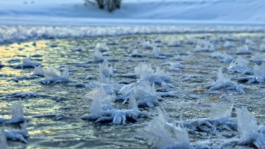 Snow on a frozen lake in winter during the day, pan shot, outdoor, nature, handheld shot