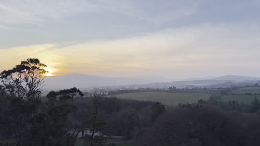 Slow Pan from Beyond the Trees Tower Over Wicklow Countryside at Sunset