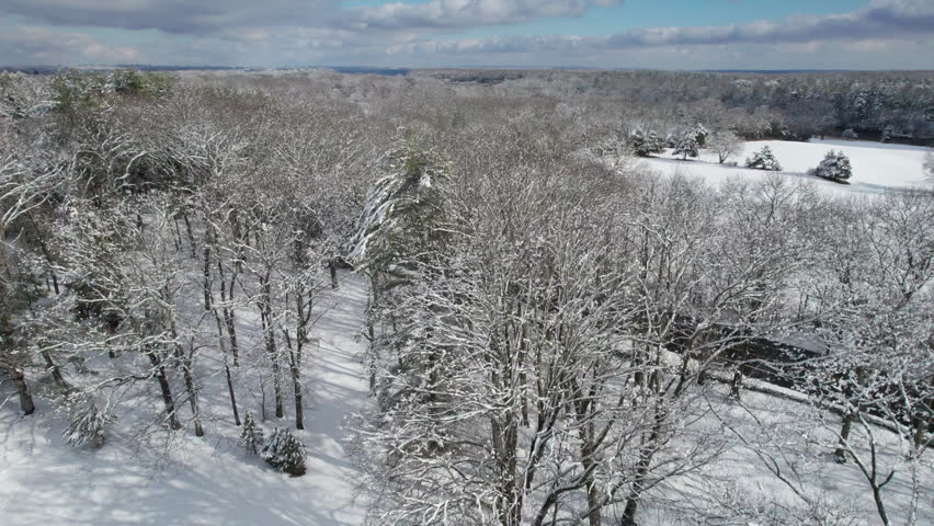 Aerial view of local snow covered park in Rhode Island.