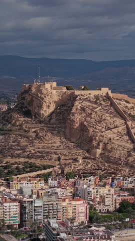 Aerial view of Santa Barbara Castle above Alicante city on Costa Blanca Spain.