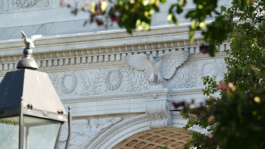 New York City Manhattan Washington Square Park arch, United States. Marble historic monument Greenwich Village. 5 fifth avenue triumphal arch. Autumn fall garden greenery. George Washington memorial.