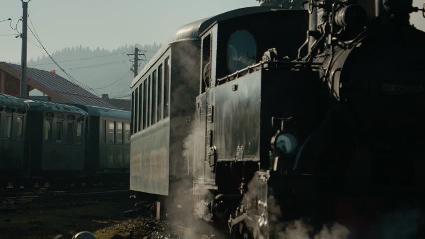 Mocanita steam train sits at the station in Bucovina Romania. It releases steam as it waits. The sun shines on the old locomotive and surrounding landscape.