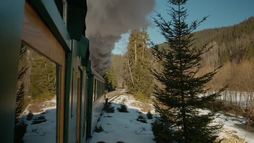 Mocanita steam train moves through a winter forest covered in snow. The engine releases white smoke. Trees line the track as the train travels along.