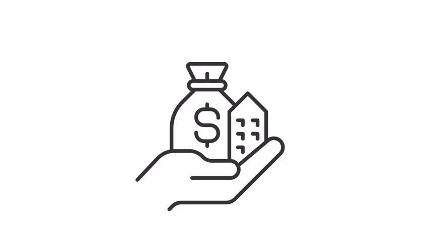 Animated assets line icon. Hand holding money and house animation. Resource owned by business. Entity property. Financial reporting. Outline element on white background. HD video with alpha channel