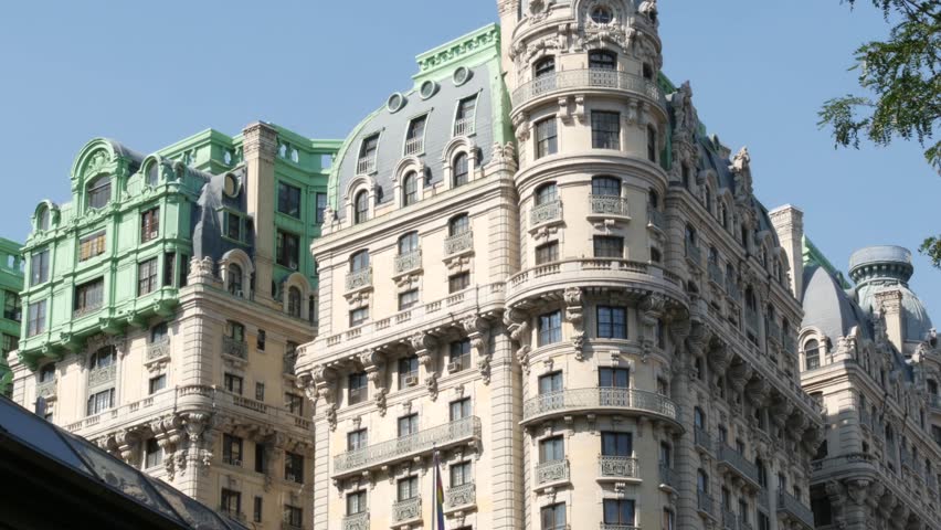 New York City Manhattan Broadway street Ansonia building 1904, United States of America. Hotel or condos in Upper West Side. Old historic condominiums architecture, green cooper patina on roof in USA.
