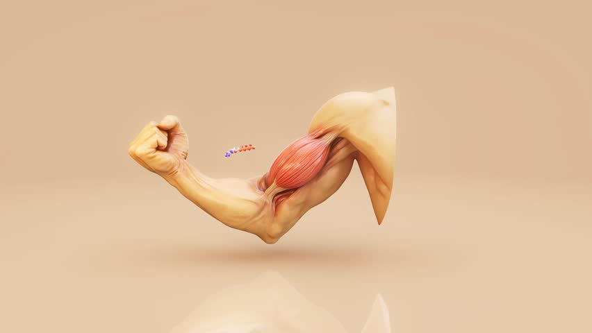 Conceptual 3D animation of biceps contraction with ATP molecules