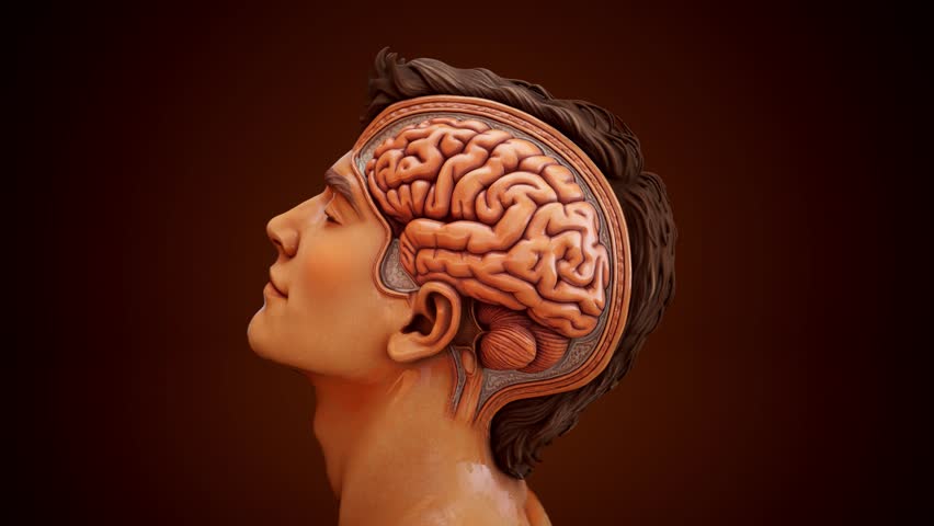 Conceptual 3D animation of a happy man with visible brain and caffeine and happiness molecules