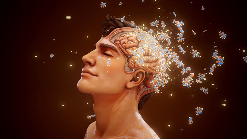 Conceptual 3D animation of a happy man with visible brain and caffeine and happiness molecules